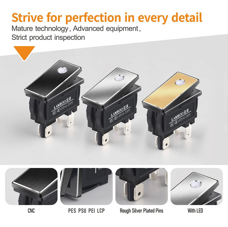 LANBOO High-End Quality Latching  Rocker Switch 20A 16Amp Current Push Button 2no2nc with LED 3-8V/9-24V/220V