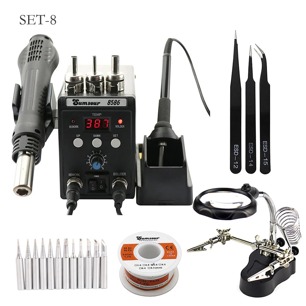 2 in 1 Soldering Station 8586  Digital Display SMD Rework Hot Air Gun Solder Iron 220V ESD Welding Desoldering Repair Tools