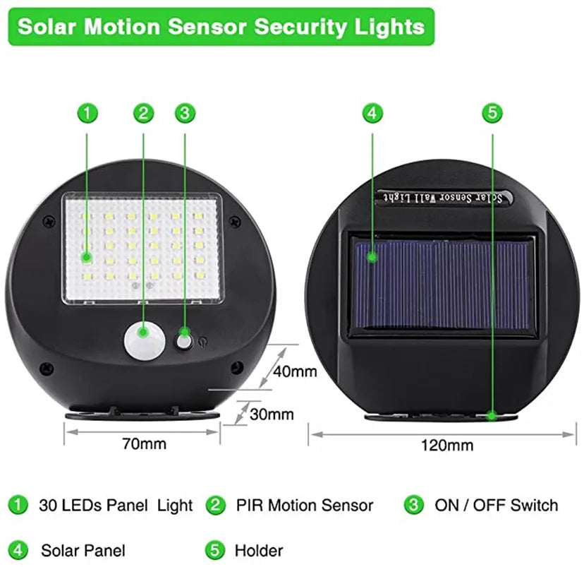 Sensor Solar Lights Outdoor 30 LED Solar Powered Security Light with Motion Sensor, 120 Degree Wide Angle Sensor, Garden Wall