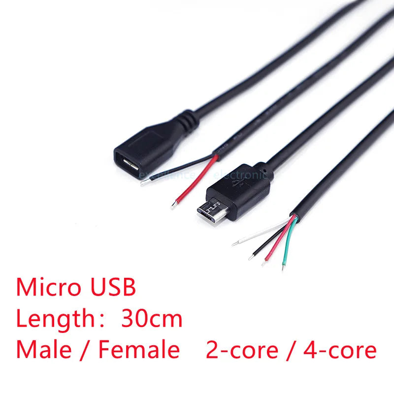 1pcs Micro USB 2.0 Female Jack Android Interface 4 Core 2 Core Male Female Power Data Charge Cable Cord Connector 30CM Cable