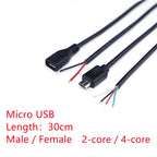 1pcs Micro USB 2.0 Female Jack Android Interface 4 Core 2 Core Male Female Power Data Charge Cable Cord Connector 30CM Cable