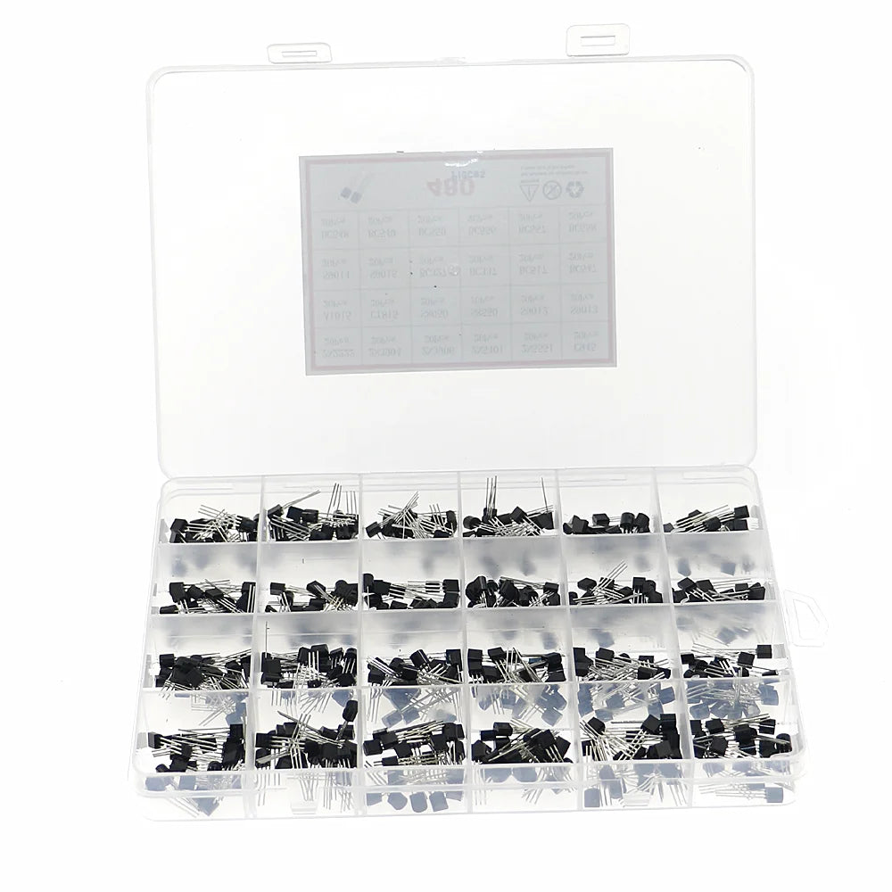 480Pcs 24 Types Silicon In-line NPN / PNP Transistor Assortment Kit Pack 2N2222 S8050 S9014 2N3906 BC547 BC548 BC549 BC550 BC558