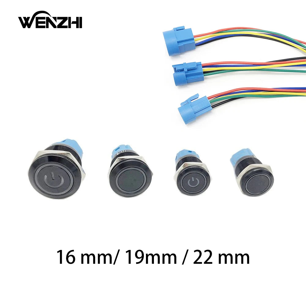 Black Metal Push Button Switch Start Stop 12/24/220V 16/19/22mm Connected LED Backlit Rocket Power Controller Momentary/Latching