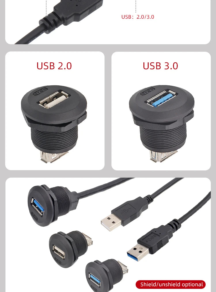 IP67 Waterproof Threaded Type EP Panel Board Female to Male Front Mounted USB 2.0/3.0 Socket Adapter Circular Aviation Connector