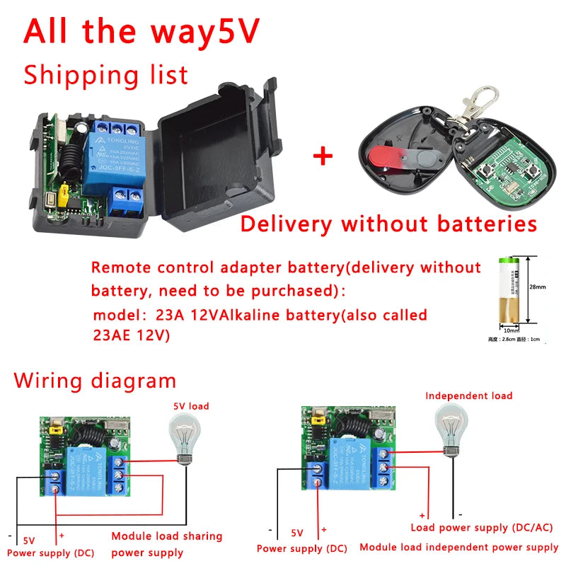 433Mhz RF Remote Control Wireless Switch DC 5V 12V 1CH 2 Way Relay Receiver and 2CH Transmitter For Door Electromagnetic Lock