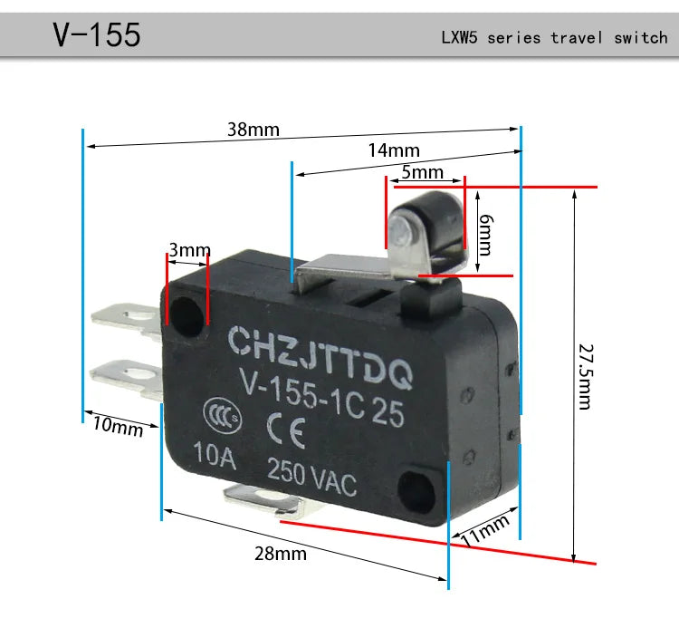 5PCS Momentary Micro Limit Switch CHZJTTDQ V-15.V-151.V-152.V-153.V-154.V-155.V-156   Travel switch limit switch silver contact