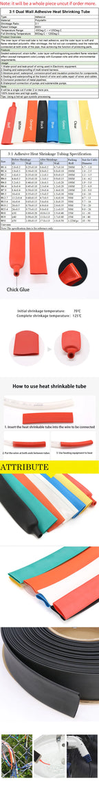 1M 3:1 Heat Shrink Tube Diameter 1.6/2.4/3.2/4.8/6.4/7.9/9.5/12.7/15.4/19.1/25.4/30/39/50mm With Double Wall Glue Tube