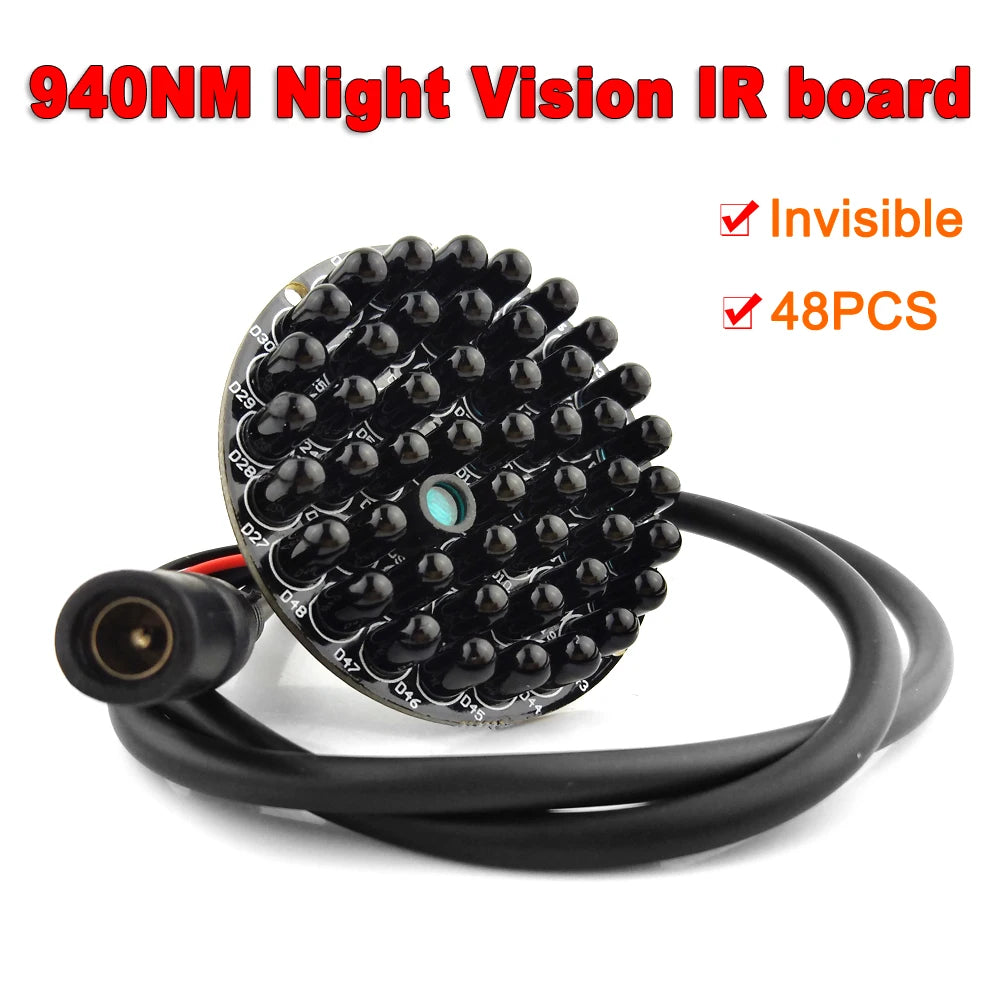Invisible 940nm No Red Exposure at Night 48pcs IR Light Infrared Illuminator Board For CCTV Camera Night Vision + Power Cable