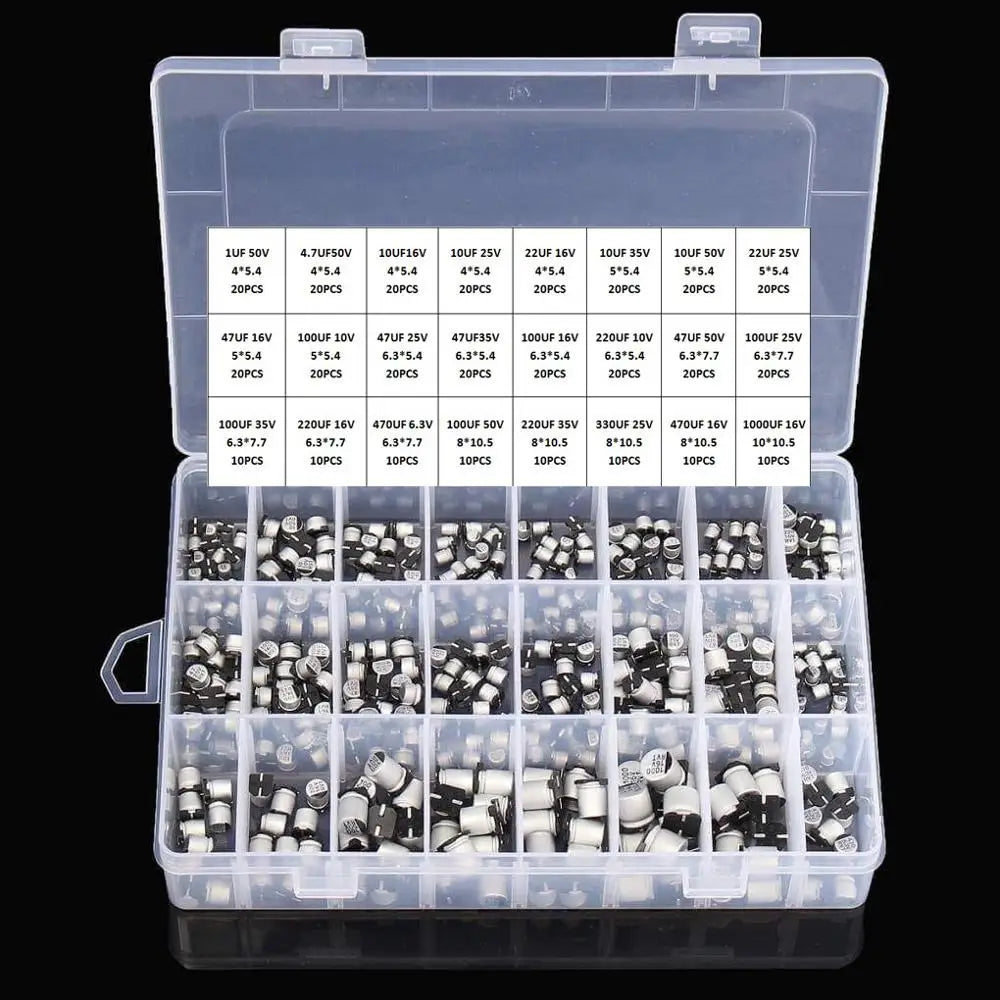 1UF~1000UF 6.3V-50V 400Pcs 24Value SMD Aluminum Electrolytic Capacitors Assortment Kit + Box