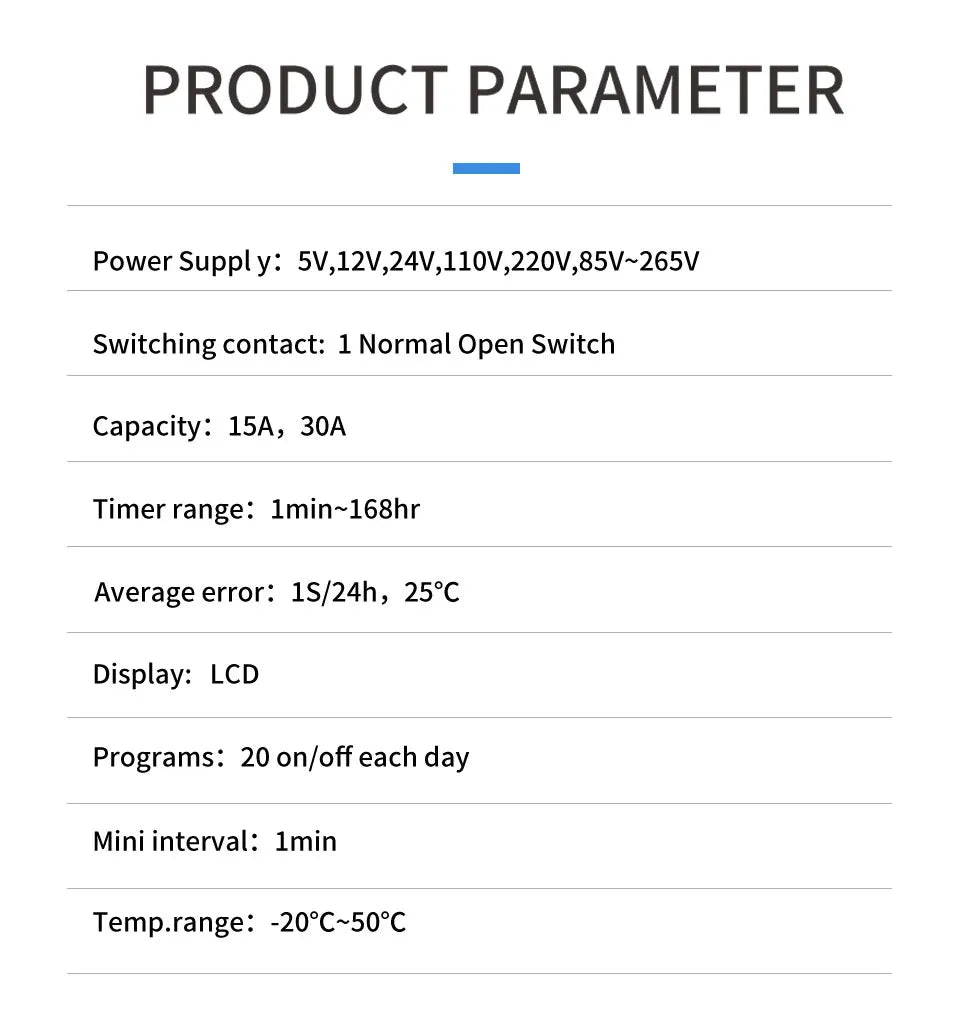 New Type Din Rail 2 Wire Weekly 7 Days Programmable Digital TIME SWITCH Relay Timer Control AC 220V 230V 12V 24V 48V 16A 30A