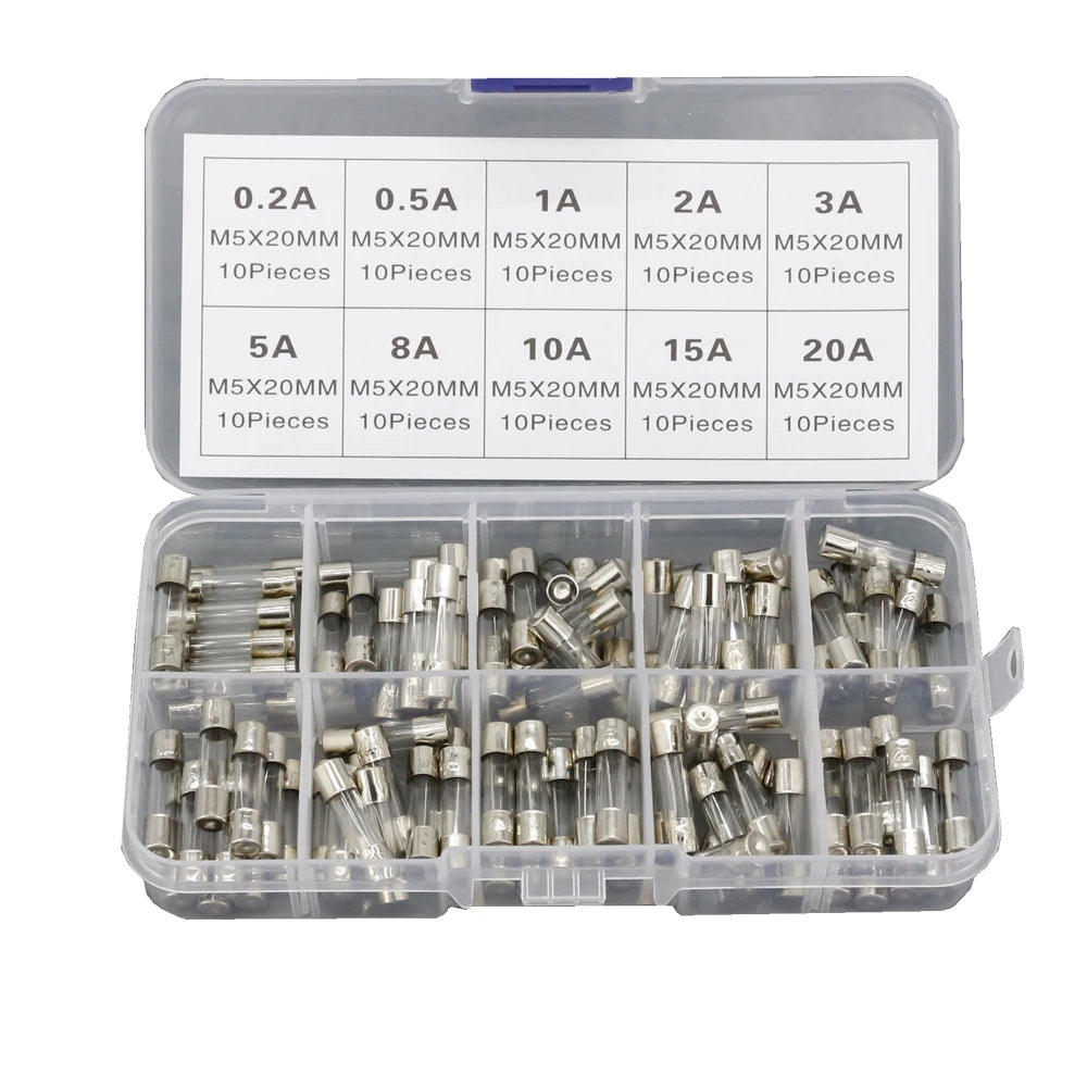 100Pcs Quick Blow Glass Tube Fuse Assorted Kits 5x20mm Fast-blow Fuses Set 0.2A-20A Electrical Circuit Protection