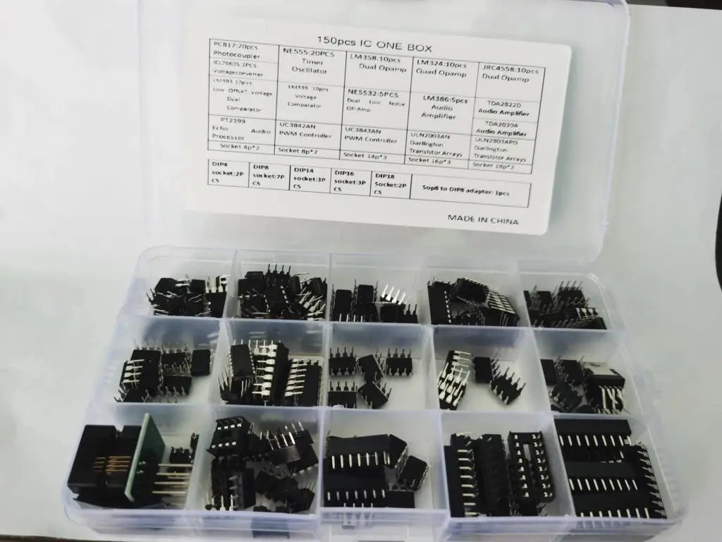 XL IC Chip Assortment 150 pcs, opamp, oscillator, pwm, PC817, NE555, LM358, LM324, JRC4558, LM393, LM339, NE5532, LM386, TDA2030