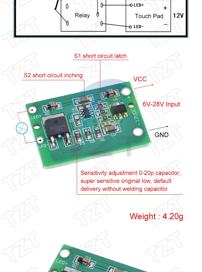 TZT TTP223 12V 1-Channel Touch Relay Module Capacitive Touch Key Switch Sensor Self-Locking/No-Locking HTTM Touch Button