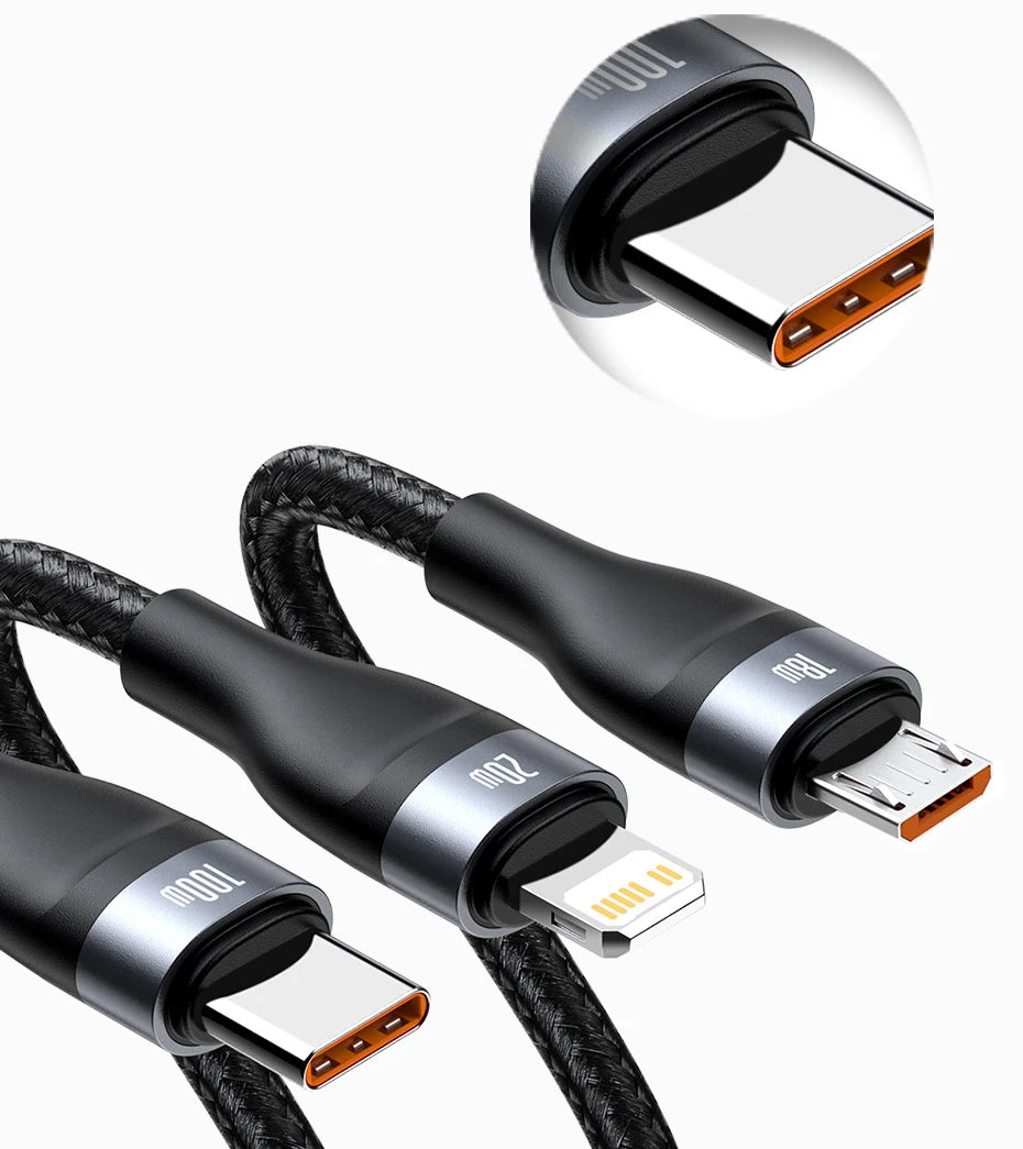 Baseus 3 in 1 USB Type C Cable for iPhone 15 14 13 12 Pro Charger Cable 100W Micro USB Type C Cable for Macbook Samsung Xiaomi