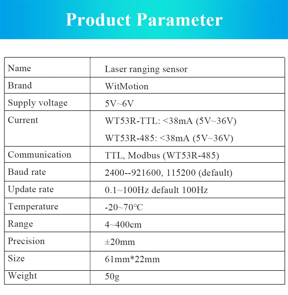 WT53R Time-of-Flight (ToF)Laser Ranging Sensor Module,VL53L1X Sensor Module Distance 400cm,RS485 Modbus/TTL, TOF050F TOF200F