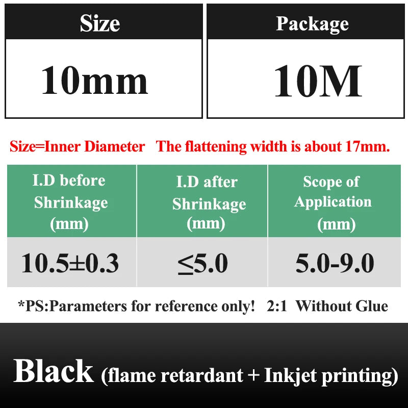 10 METER/LOT BLACK 1/2/3/4/5/6/8/10/10/12/14/16/18/20mm Heat Shrink Tubing Flame Retardant Tube Kit Insulation Tubing Wire Cable