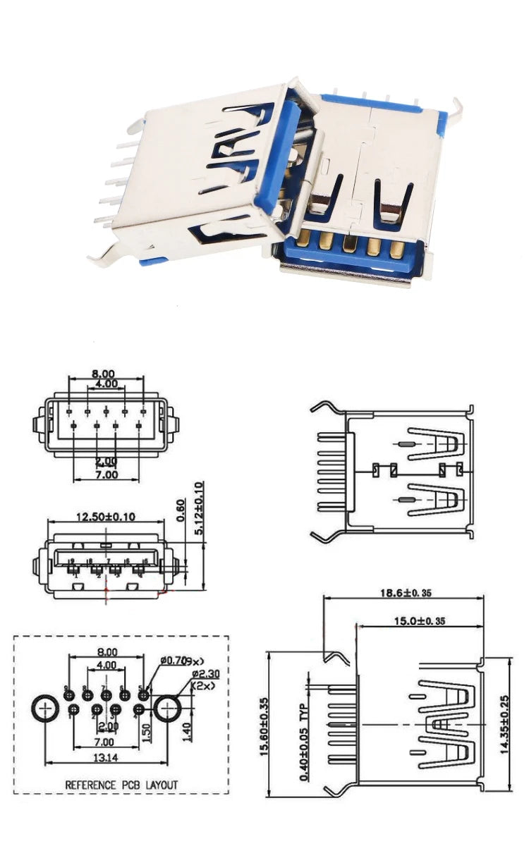 5Pcs USB Connectors 3.0 A Type Female AF Type 90 Degree Side Insertion 180 Degree High Speed Interface MICRO Connector