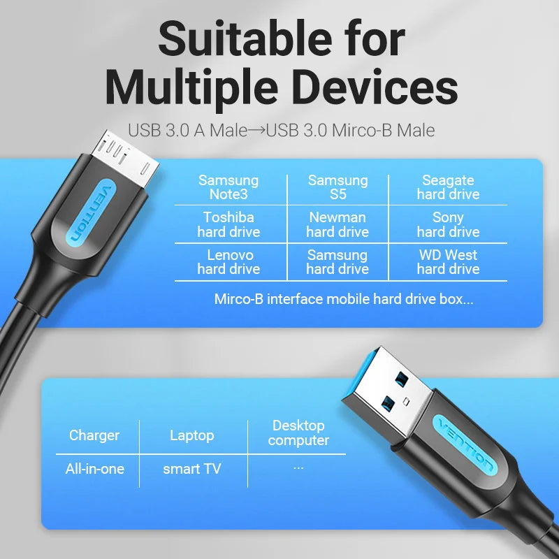 Vention Micro B Cable USB 3.0 2A to USB A Cable Data Transfer Fast Charger Cord for Hard Drive Samsung Micro B USB 3.0 Cable