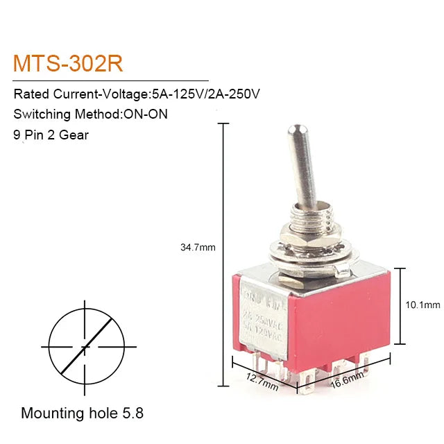 5PCS 6mm Miniature Toggle Switch MTS 102/103/202/203/302/304/402/403 ON-OFF-ON 5A125V 2A250V 3/6/9/12 Pin Mounting Equipment