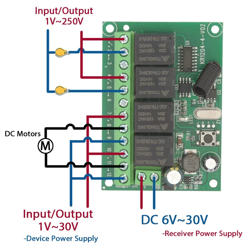 Wireless Remote Control DC 6V 12V 24V 30V 4CH RF Relay Receiver and 433MHZ Transmitter for Garage/Light/Motor/Home Appliance