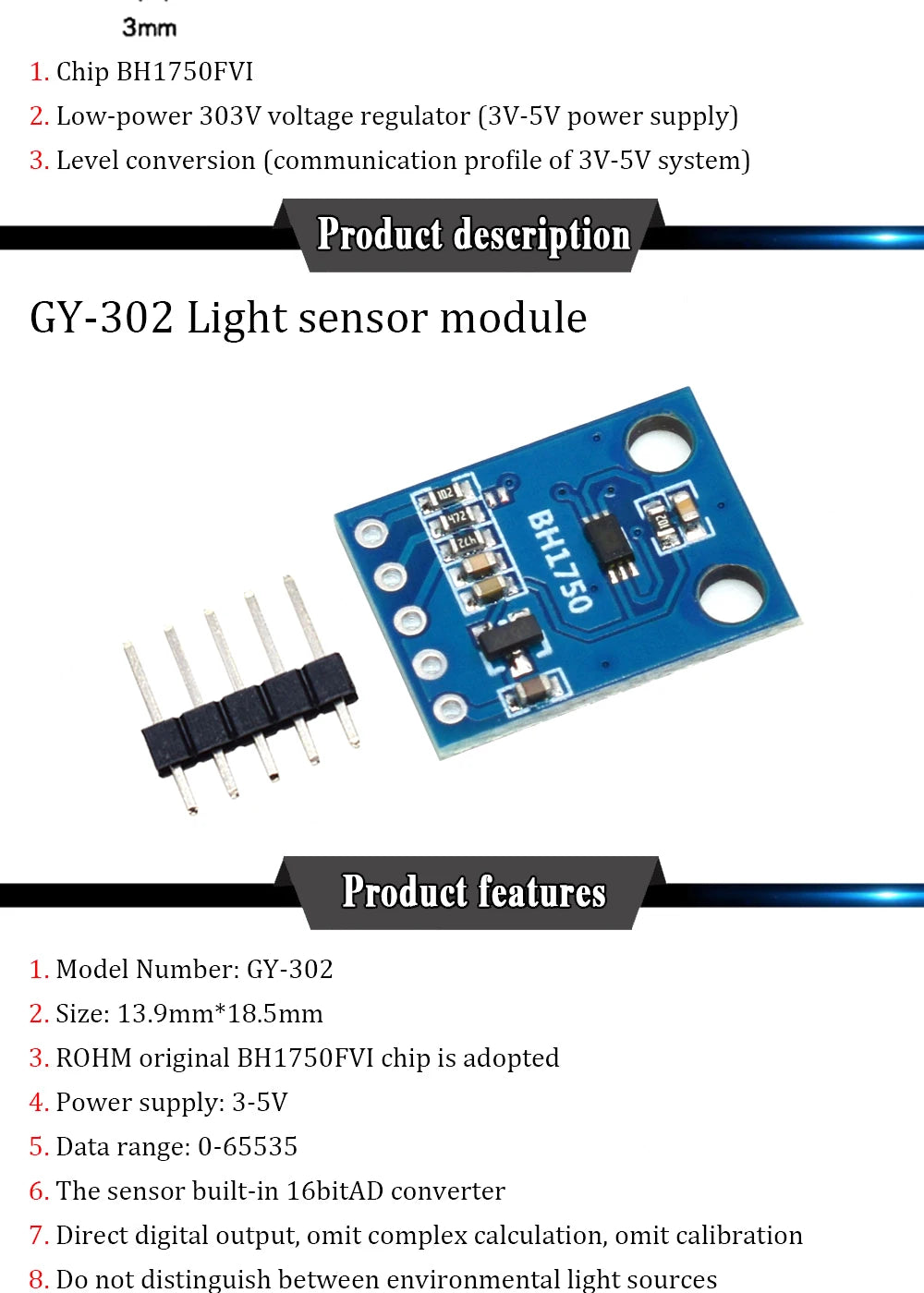 GY-302 GY-30 BH1750 BH1750FVI The digital optical intensity illumination sensor BH1750FVI of module for arduino 3V-5V