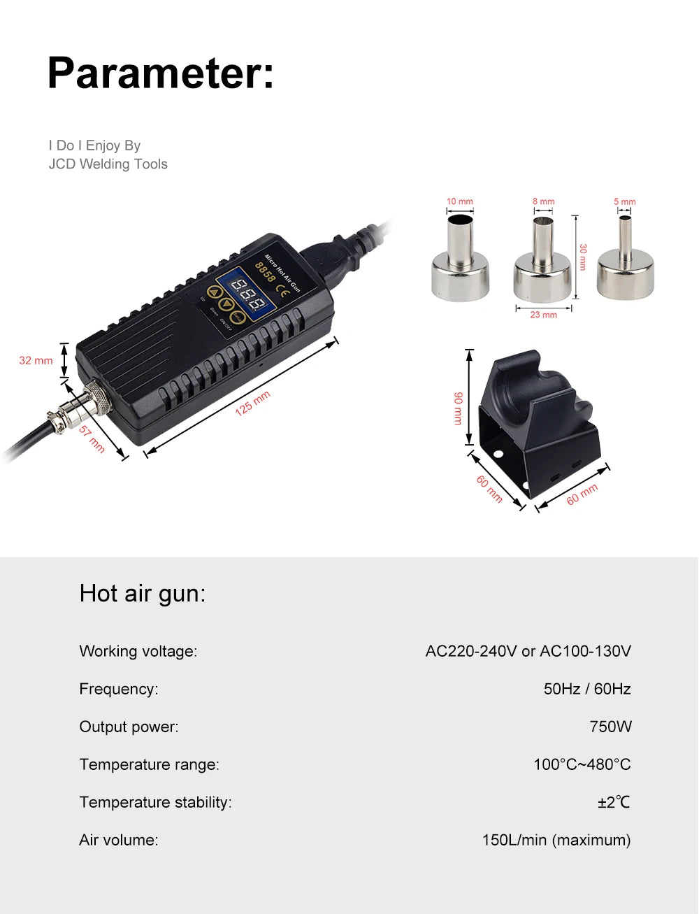 JCD 750W Heat Gun Digital Display Micro Rework Soldering Station Hot Air Gun For Welding Repair Tool Hair dryer 8858