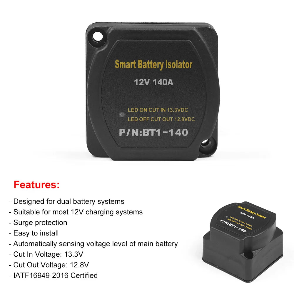 Dual Battery Smart Isolator 12V 140 Amp Voltage Sensitive Relay VSR Smart Switch for Car ATV UTV Boats RV's Camper Truck