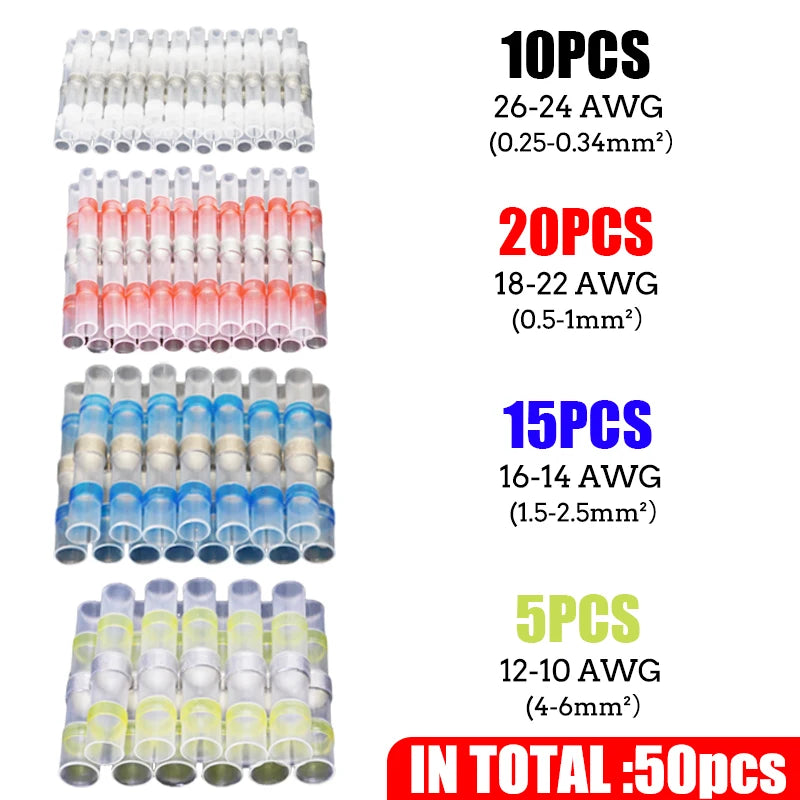 Heat Shrinkable Wire Connectors 50PCS SST21 Waterproof Sleeve AWG22-18 Butt Electrical Splice Tinned Solder Seal Terminal