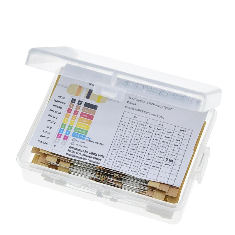 TZT 1/8W 5% 640pcs 64 Values 1R - 10MR 0.125W Carbon Film Resistors Assorted Kit Set