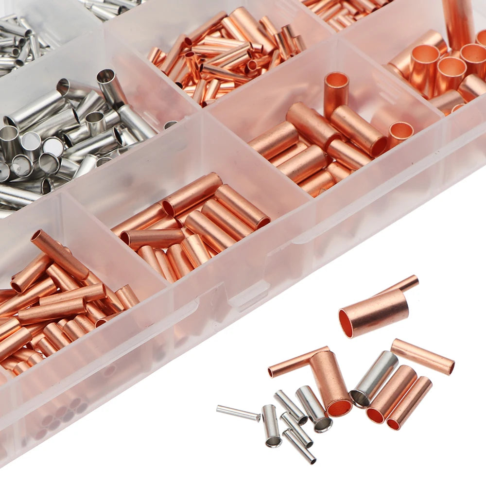 970pcs Copper Connecting Pipe Wire Joint Small Copper Tube Terminal Cable Lug Bootlace Ferrule Kit With Heat Shrink Tube Plier