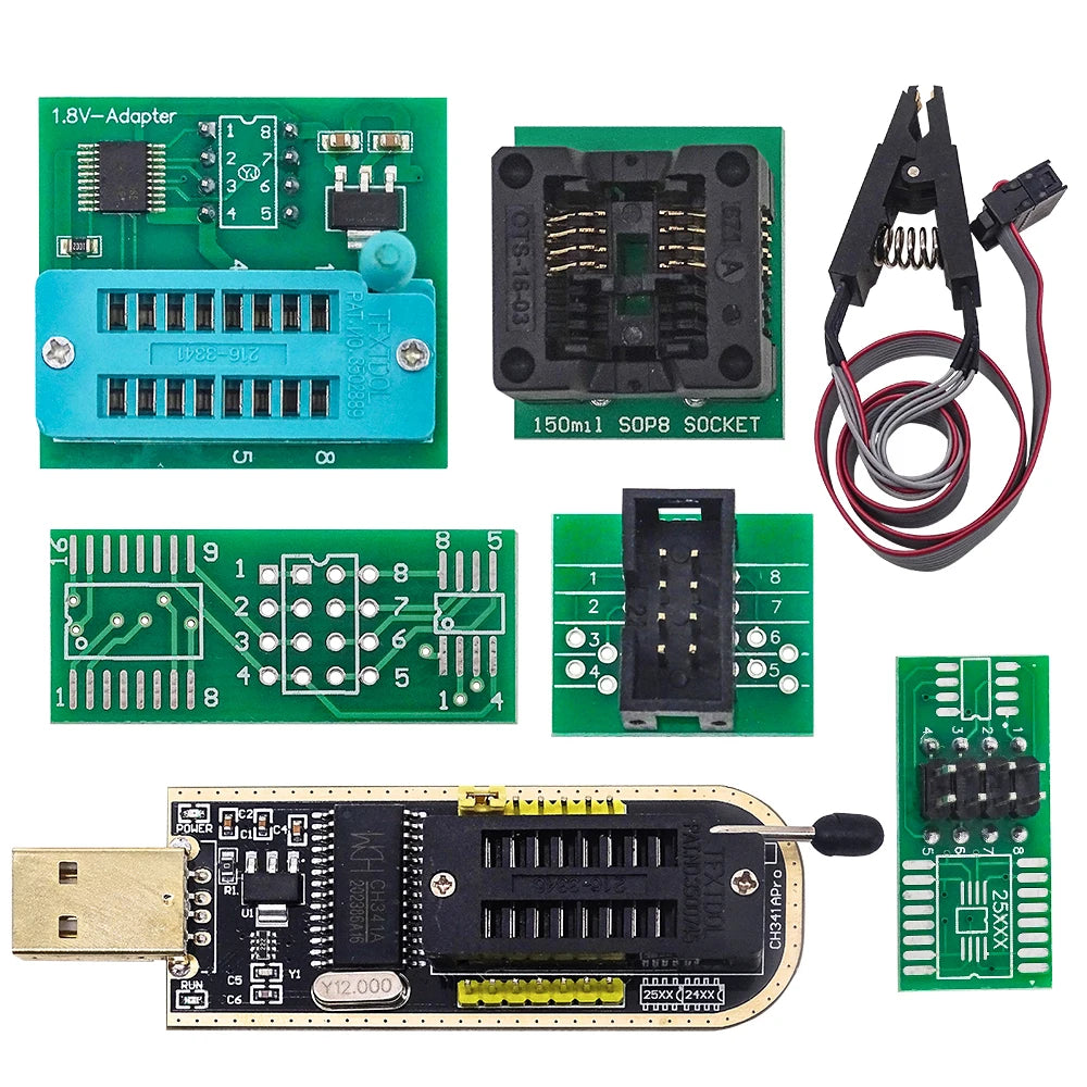 CH341A 24 25 Series EEPROM Flash BIOS USB Programmer Module + SOIC8 SOP8 Test Clip + 1.8V adapter + SOIC8 adapter DIY KIT