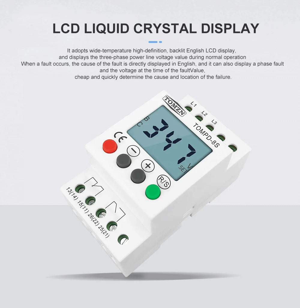 TOMZN 3 Phase Din Rail Adjustable Under Over Voltage Protector Voltage Monitoring Sequence Protection Relay