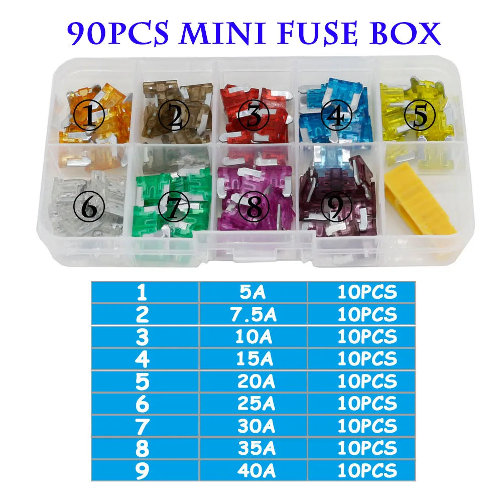90/45PCS Car Fuse 5/7.5/10/15/20/25/30/35/40A Mini/Small/Medium 24V Automotive Blade Type Zinc Alloy Fuse with Box Clip