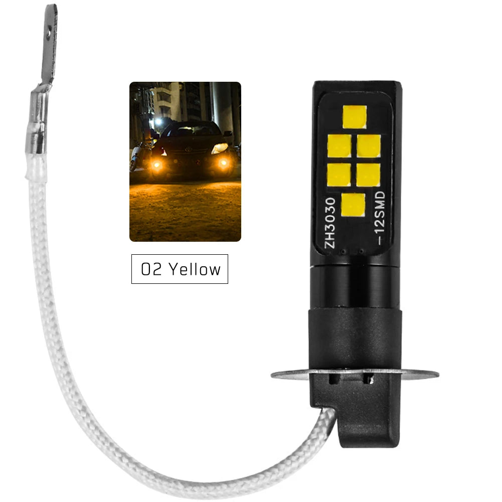 2pcs H3 LED Fog Light Bulb DC 12V 3030 SMD Car Fog Light Super Bright DRL Driving Lamp Built-in 5 Color Optional Headlight Bulb