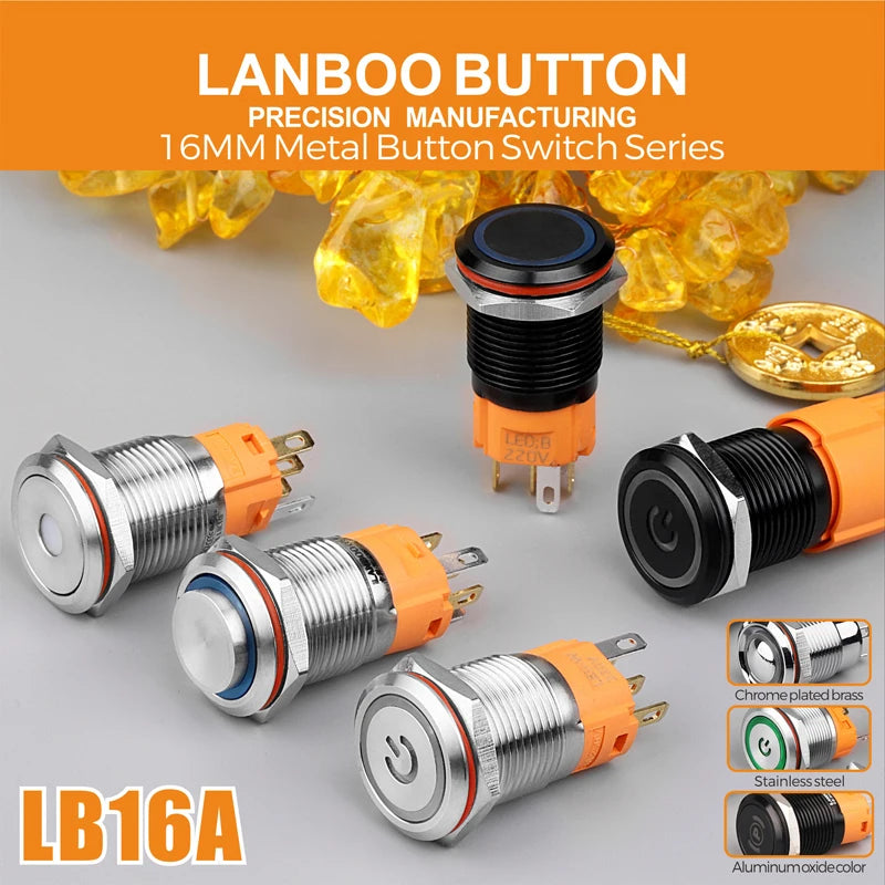 LANBOO LB16A Device Button Switch Chrome Plating/Aluminum Oxide Black/Optional 1NO1NC/5 Pin Latching/Momentary Optional