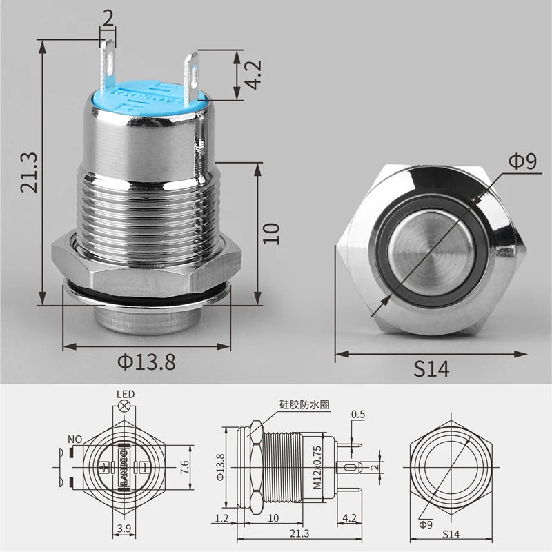 LANBOO 12mm Economy Mini Metal Push Button Switch 1NO Ring/Power Illumination Momentary or Latching