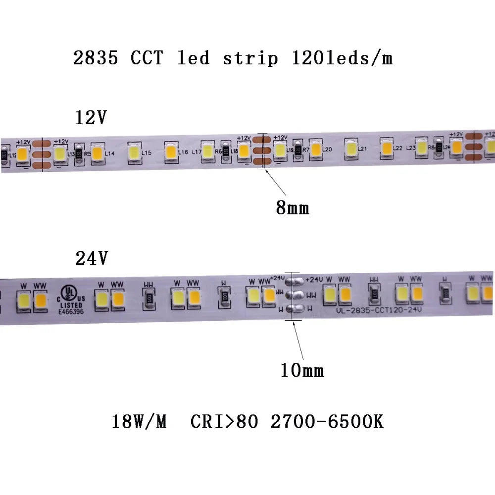 5M 3528 2835 CW/WW Dual White Color Temperature Adjustable CCT 12V 24V Double Color LED Flexible Strip 120leds/m Tape Light
