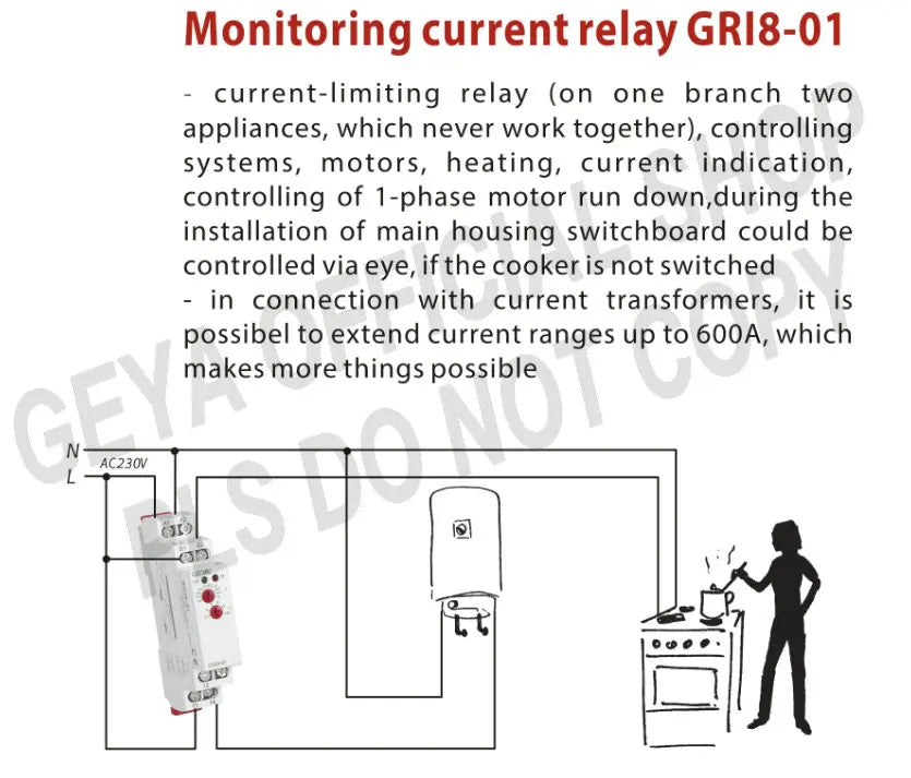 GEYA GRI8-01/02 Over / Under Current Monitoring Relay 10A Current Sensing Relay Din Rail Mounted Current Monitor AC/DC24V-240V