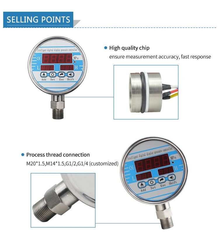 100mm Dial 0-60Mpa Digital Pressure Gauge Electronic Contact Hydraulic Meter 200Bar 400Bar M20*1.5 for Industrial Use