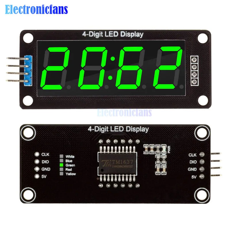 0.56 inch 4-Digit 7 Segments Digital Tube Clock Module Double Dots Blue Yellow White Green Red LED Display TM1637 For Arduino