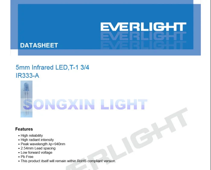 10pcs EVERLIGHT IR333-A 5MM 940NM Infrared LED Diode 5mm Infrared LED T-1 3/4