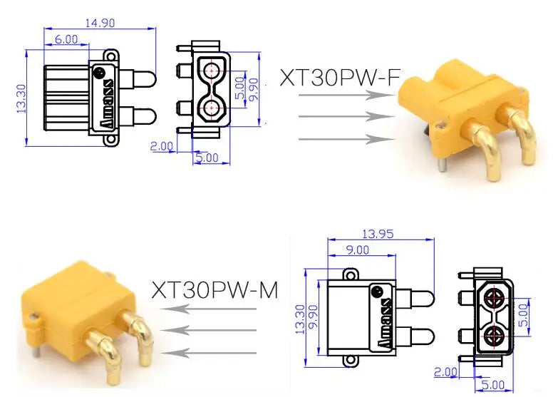 10 X Amass XT30PW ESC Motor PCB Board Plug Banana Golden XT30 Upgrade Right Angle Plug Connector for RC Mode (5 Pair )