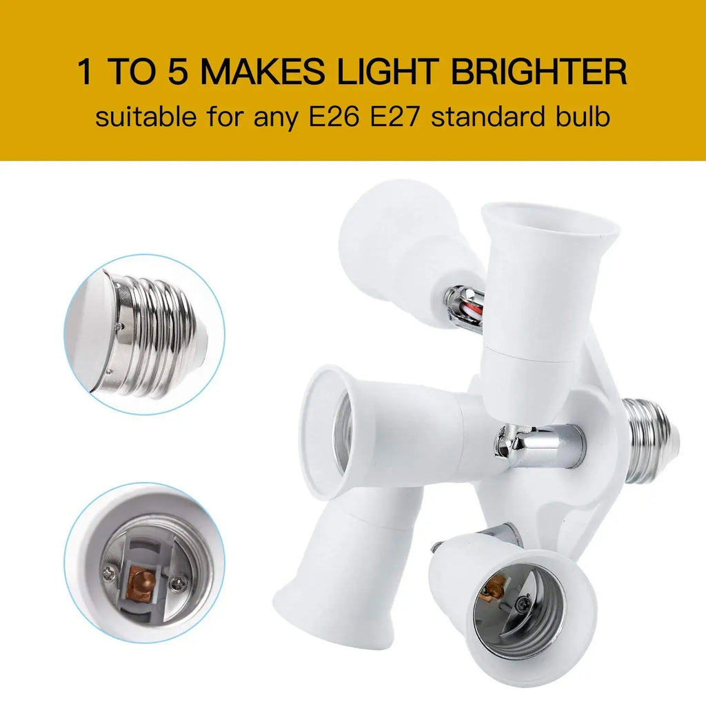 5 in 1 Light Socket Splitter E26 E27 Adapter Converter for Standard LED Bulbs 360 Degrees Adjustable 180Degree Bendable Max 300W