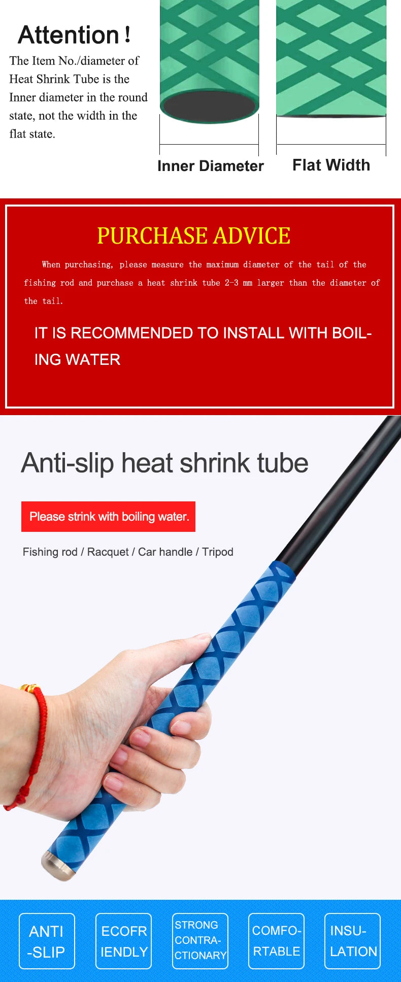 Anti-Slip Heat Shrink Tube for Fishing Rod/Racquet/Bicycle Handles/Tripod DIY 5 Colors 1M 15/18/20/22/25/28/30/35/40/50mm