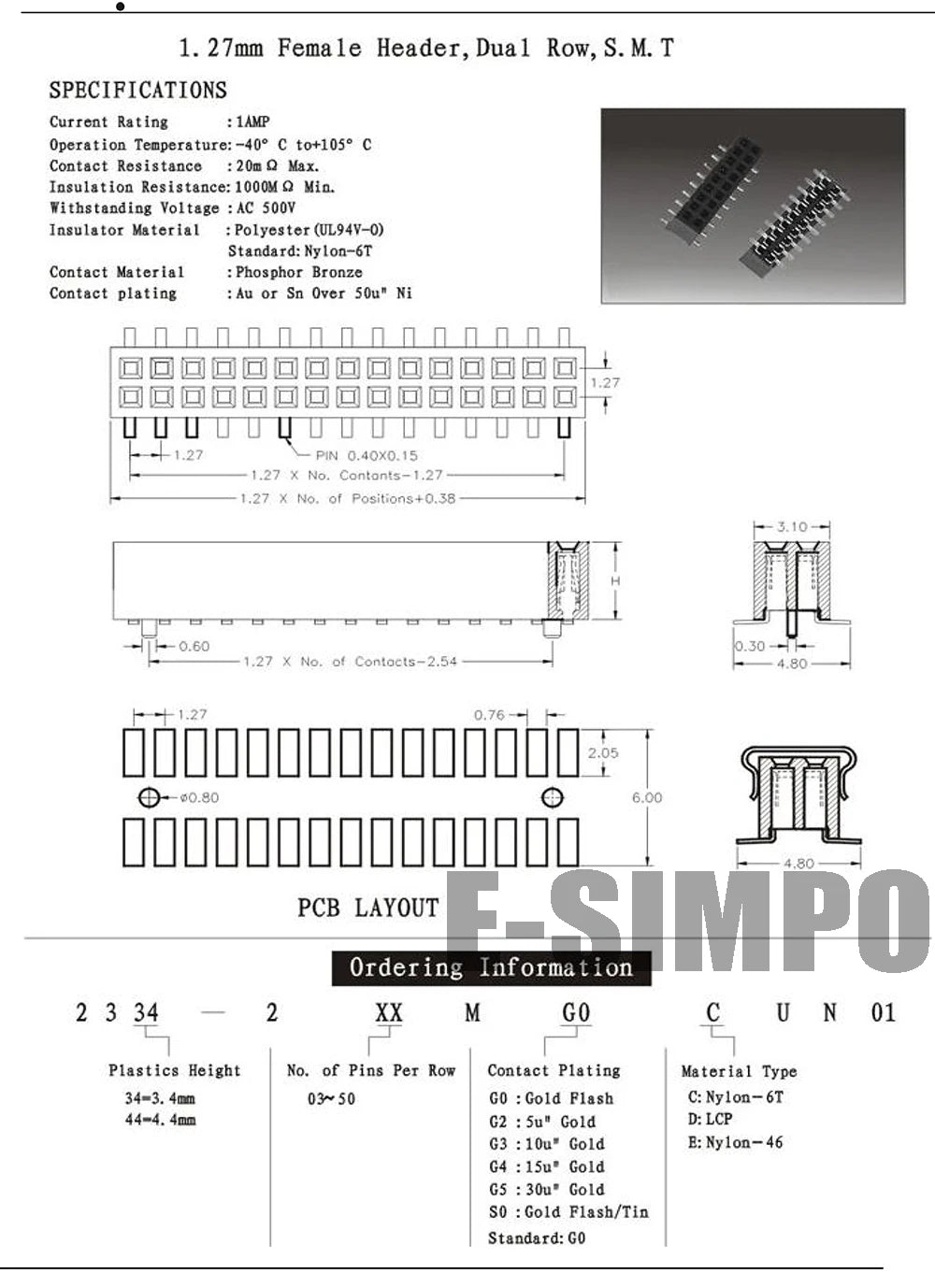 100pcs SMT 1.27mm Dual Vertical SMD PCB 2*3P 2X4P 2X5P 2X6P 2X7P 2X10P 2*12P PH4.3mm Gold Rohs Female Pin Header Connector