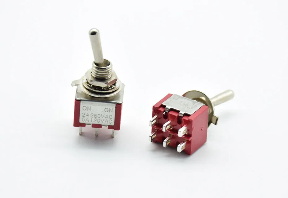 5Pcs Red Toggle Switch Mini MTS-202 ON/ON ON/OFF/ON DPDT Latching 2A 250VAC / 5A 120VAC 6 Pins With Solder Terminal waterproof