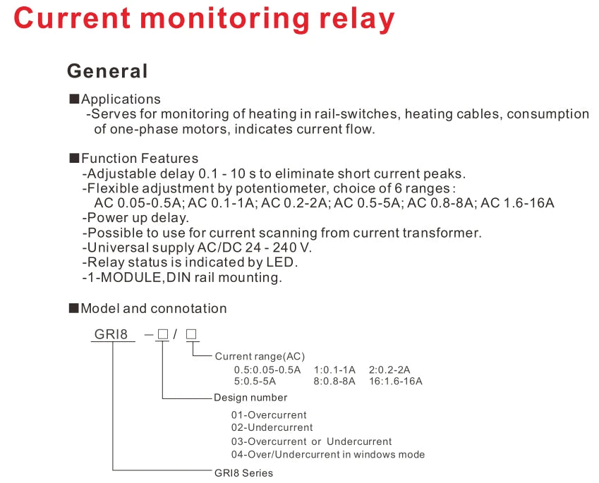 GEYA GRI8-01/02 Over / Under Current Monitoring Relay 10A Current Sensing Relay Din Rail Mounted Current Monitor AC/DC24V-240V