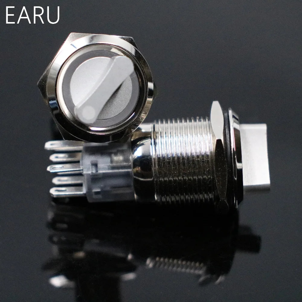 EARU 19mm Waterproof Stainless Steel DPDT Illuminated Metal Selector Switch 2/3 Position Push Button Switch Rotary Switch LED