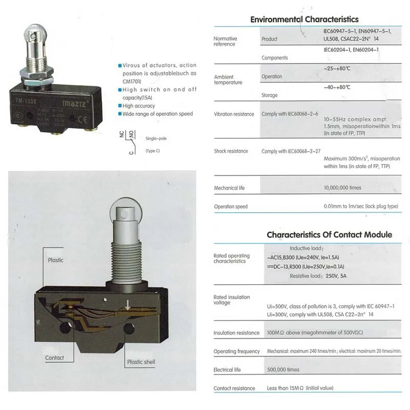 1Piece TM-1308 Waterproof Micro Switch Small-Scale Single-Pole Travel Limit Switches High Accuracy 250V/15A