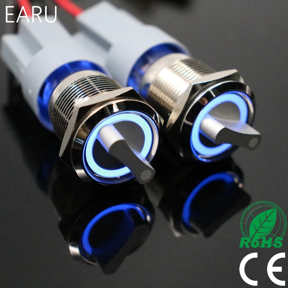 EARU 19mm Waterproof Stainless Steel DPDT Illuminated Metal Selector Switch 2/3 Position Push Button Switch Rotary Switch LED